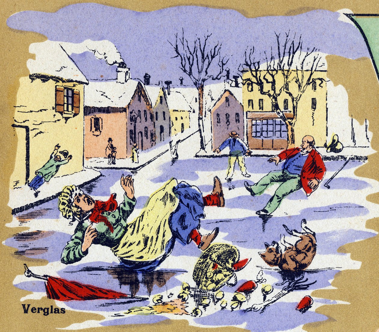 Invånare i en by halkar på is på vintern. Illustrerat alfabet. Bilder återförenades i Jarville-Nancy, början av 1900-talet. Mått: 40 x 29 cm. Litografi på en bistre bakgrund av Unbekannt
