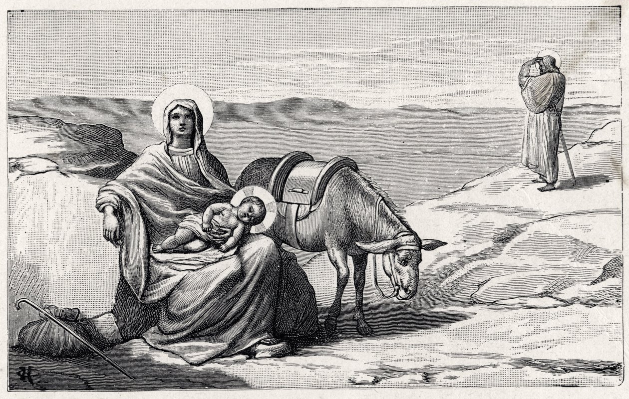 Vila under flygningen till Egypten. Jesusbarnets alfabet. Upplaga 1932. Träsniderier signerade H G. Privat samling av Unbekannt