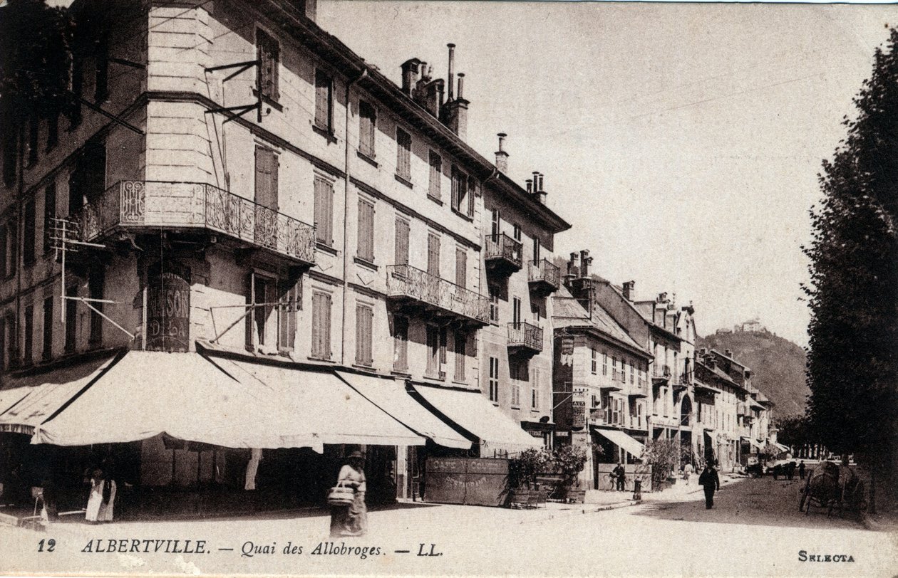 Rhone Alpes, Savoie (73), Albertville: utsikt över Quai des Allobroges - Vykort slutet av 1800- och 1900-talet av William M. Timlin