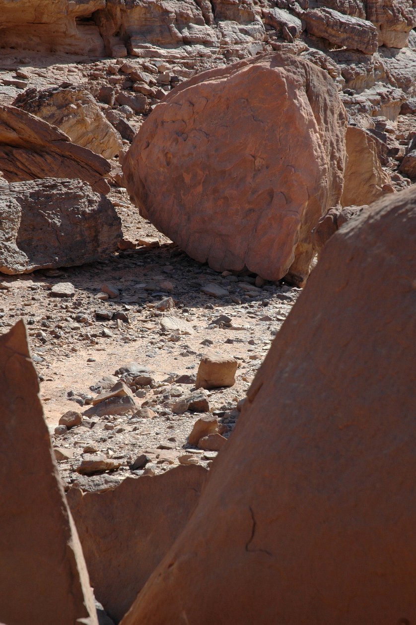 Stenkonst, förhistoria: Rund sten med giraffer och strutsgravyrer i Uweinat-massivet, Sudan. Period från 8000 till 3000 år f.Kr. Fotografi av Unbekannt