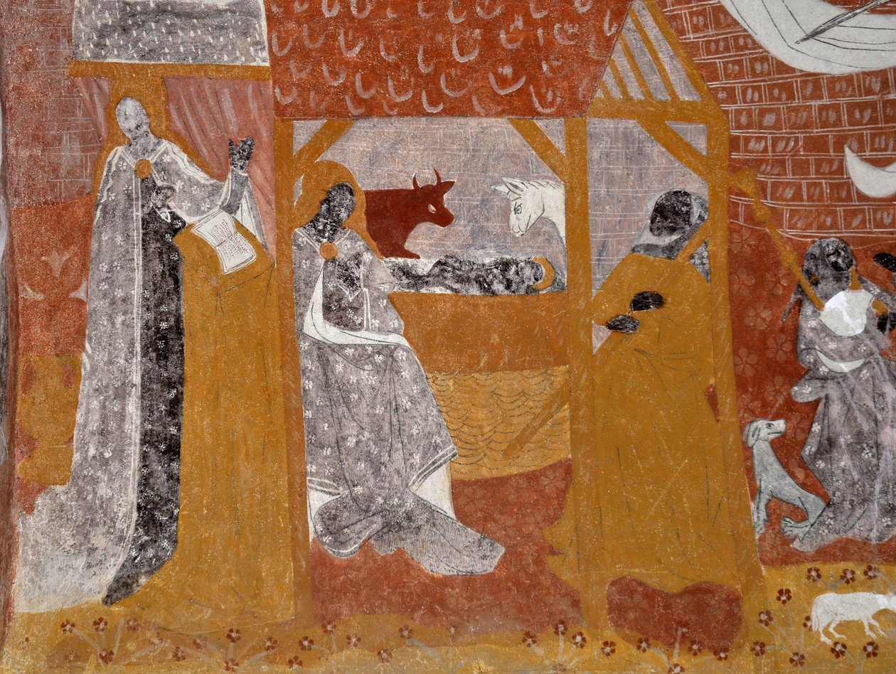 Romansk konst: Fresker i begravningskapellet Sainte Catherine de Jouhet, Vienne, Poitou-Charentes (Poitou Charentes), Frankrike. Nativit. Fotografi av Unbekannter Künstler