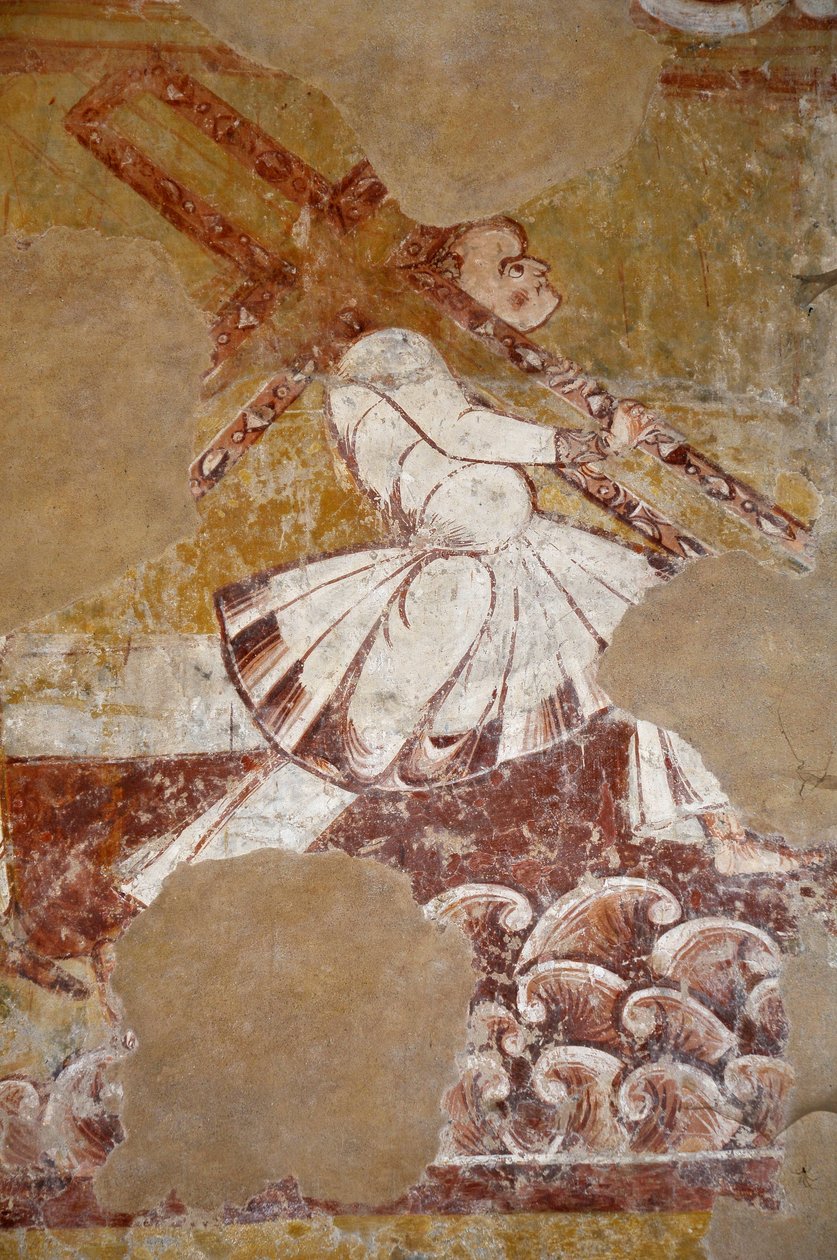 Romansk konst: Simon av Cypere bär Kristi kors. Detalj av freskerna i koret "La vie du Christ" (1200-talet) från kyrkan Saint Martin (Saint Martin av Unbekannter Künstler
