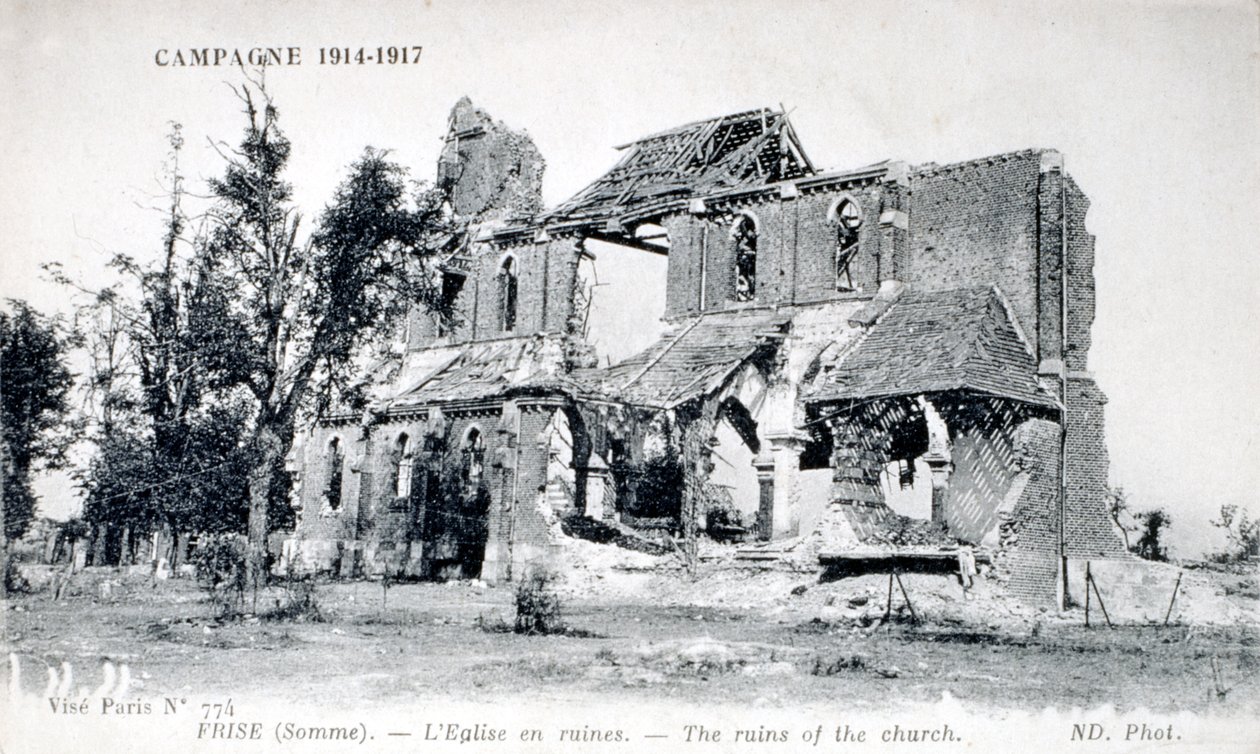 Ruiner av kyrkan i byn Frise, Somme, Frankrike 1914-1918 (vykort) av Unbekannter Künstler