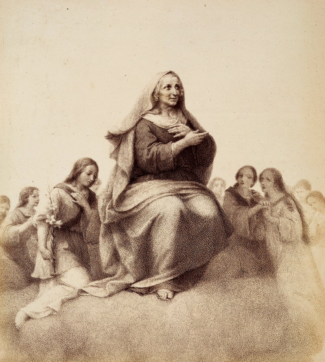 Sankta Anna betraktar förnöjt sin dotter. Illustration av Canto XXXII i Paradiso i Den gudomliga komedin av Dante Alighieri. Francesco Scaramuzzas verk tillägnat Florens kommun. av Unbekannter Künstler