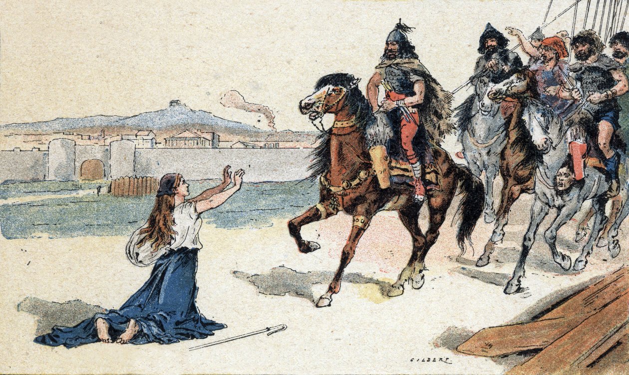 Saint Genevieve (422-502) före hunnernas kung Attila - Barbarian Invasions - Illustration av Camille Gilbert från 1890 (gravyr) av Unbekannt