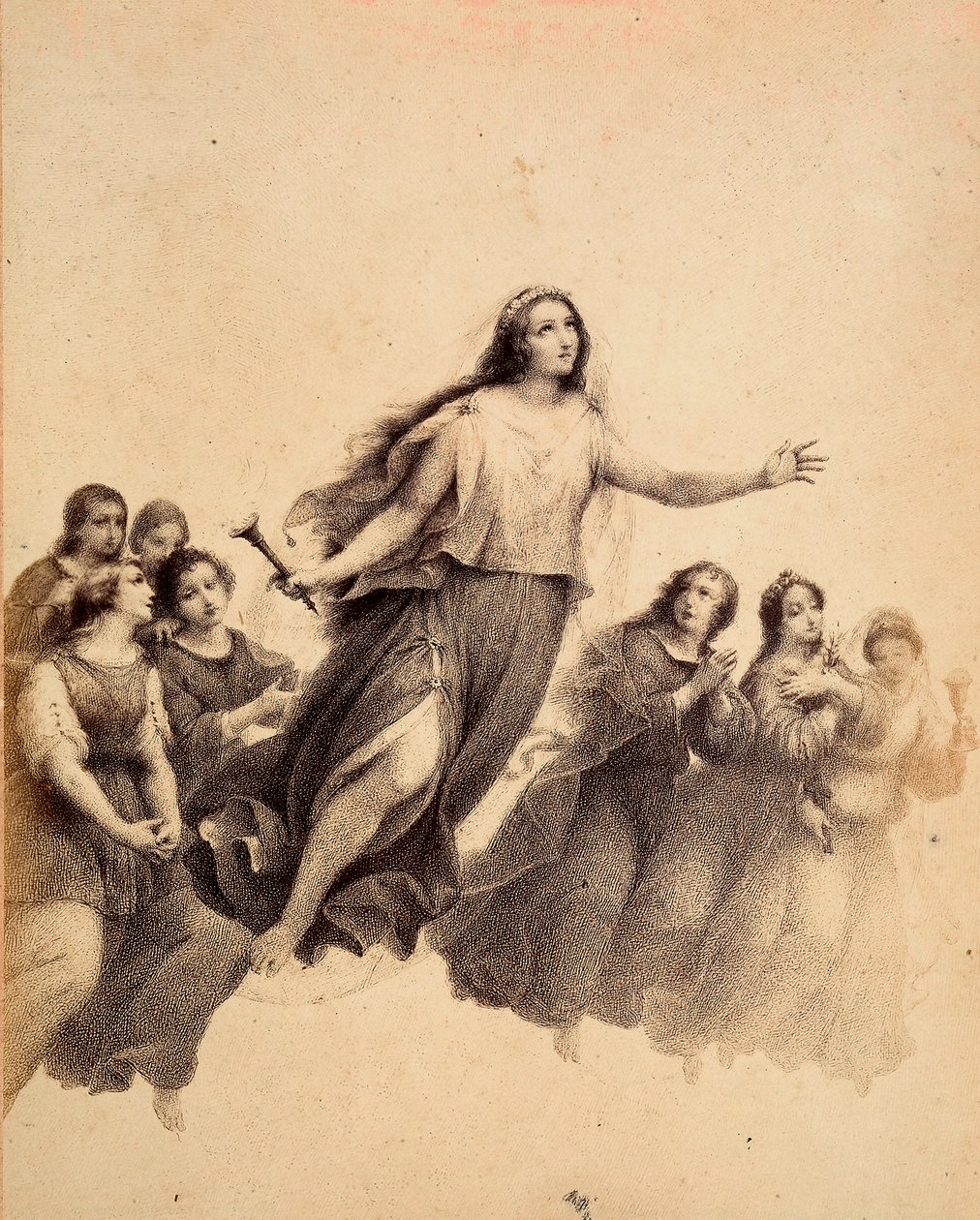 Sankta Lucia, med facklan i handen, flyger genom Empyreans firmament, omgiven av ungdomar. Illustration av Canto XXXII i Paradiso i Den gudomliga komedin av Dante Alighieri. Francesco Scaramuzzas verk tillägnat Florens kommun. av Unbekannter Künstler