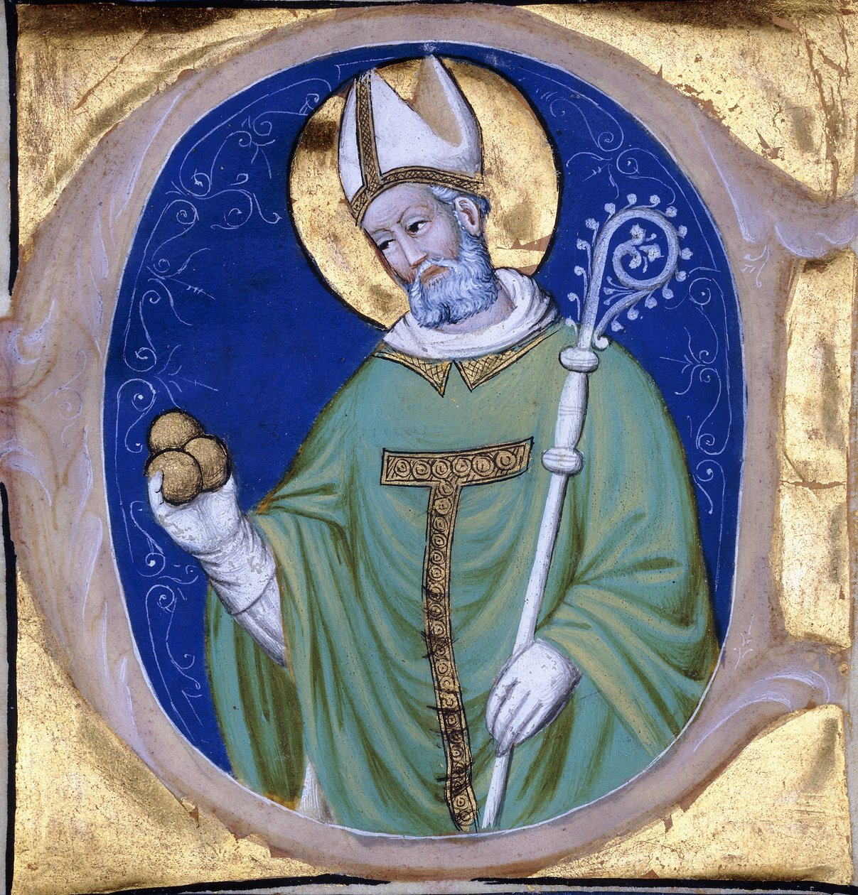 Saint Nicolas of Myra, historisk initial "C", från en upplyst körbok på veläng, ca 1400 av Unbekannt