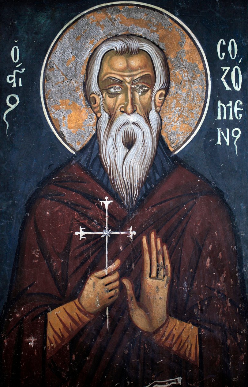 Saint Sozomene, bysantinsk fresk från 1300-talet Nathex, östmuren Phorbiotissa Virgin Church, Asinou Unesco-plats Troodos-regionen, Cypern av Unbekannt