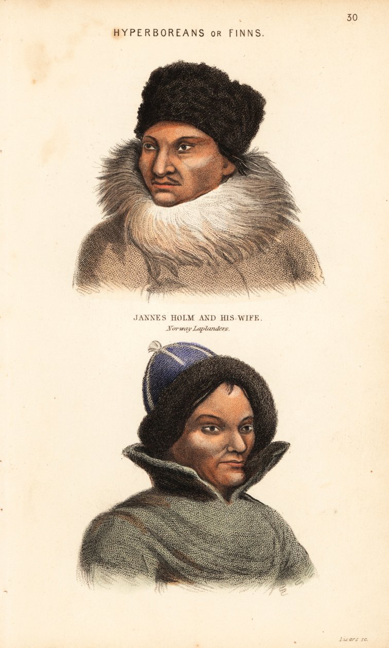 Samer eller lappar. Jannes Holm i pälsmössa och krage, och hans hustru i pälsmössa, norska lappar. Hyperboréer eller finnar. Handkolorerad stålgravyr av Lizars efter en illustration av Charles Hamilton Smith från hans Natural History of the Human av Unbekannter Künstler