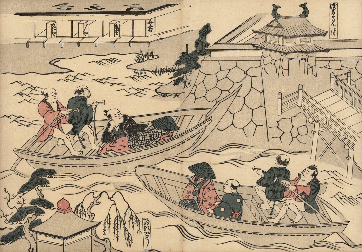Samuraj korsar floden (vid Akasaka Mitsuke) i en båt på väg till Yoshiwaras nöjeskvarter. Träsnitt av Masanobu Okumura (1686-1764) från Fuzoku Emakimono, Picture Scroll of the Water Trade, Tokyo, nytryck cirka 1880. av Unbekannter Künstler
