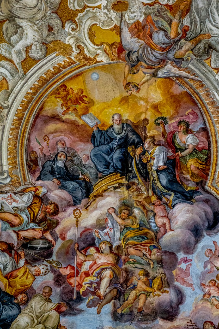 San Benedetto (St Benedict) kyrka, Catania, Sicilien (Italien). Takfreskdetalj (1700-talet). St Benedict. (Foto) av Unbekannt