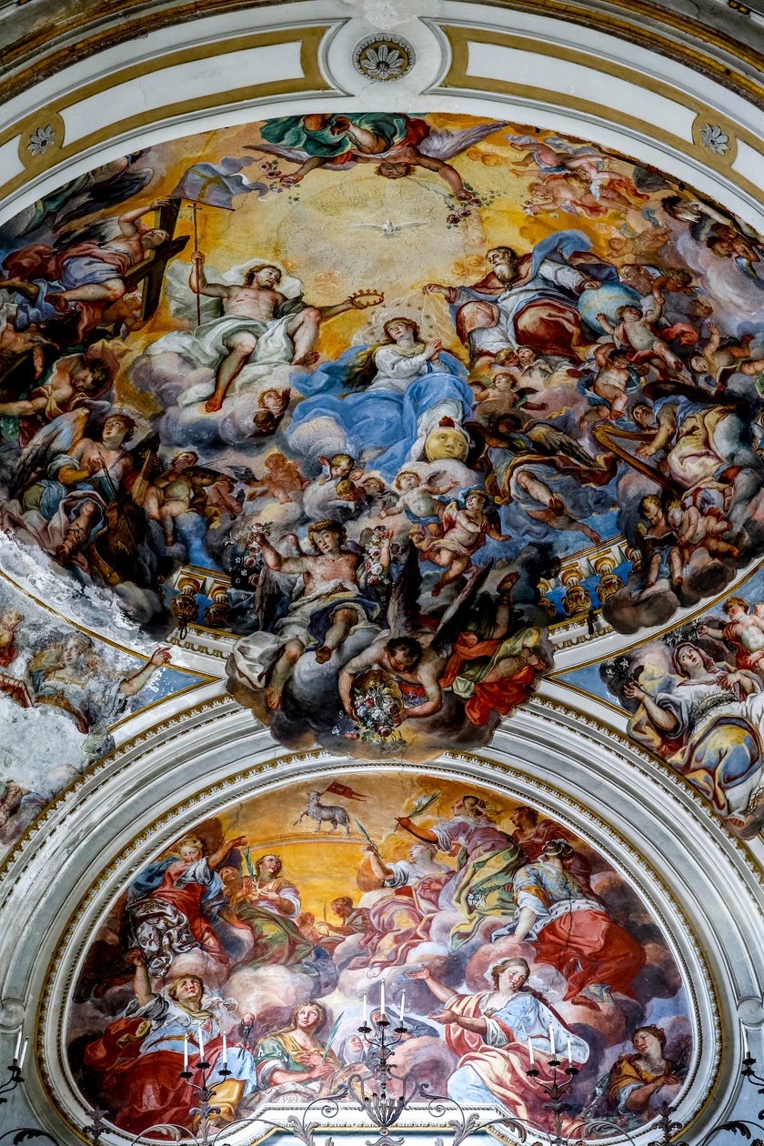 San Benedetto (St Benedict) kyrka, Catania, Sicilien (Italien). Takfreskdetalj (1700-tal), med Marias kröning. (Foto) av Unbekannt
