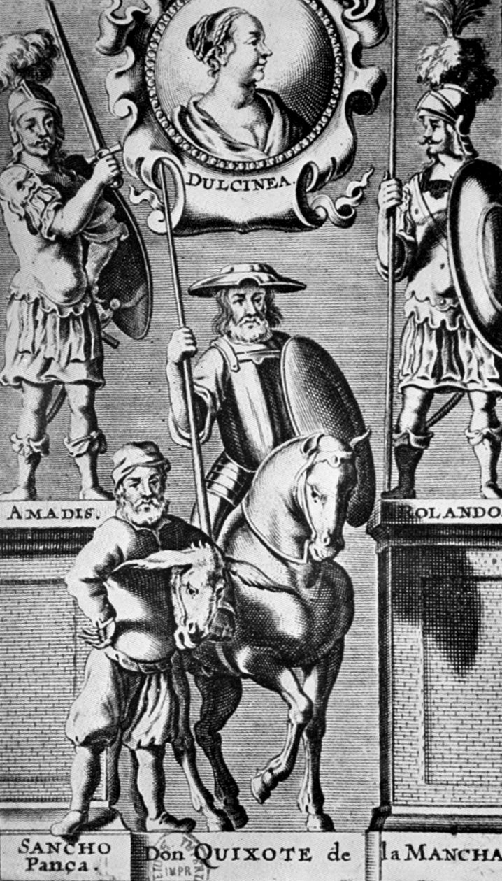 Sancho Panza och Don Quijote, under porträttet av Dulcinee (efter Miguel de Cervantes) av Unbekannter Künstler