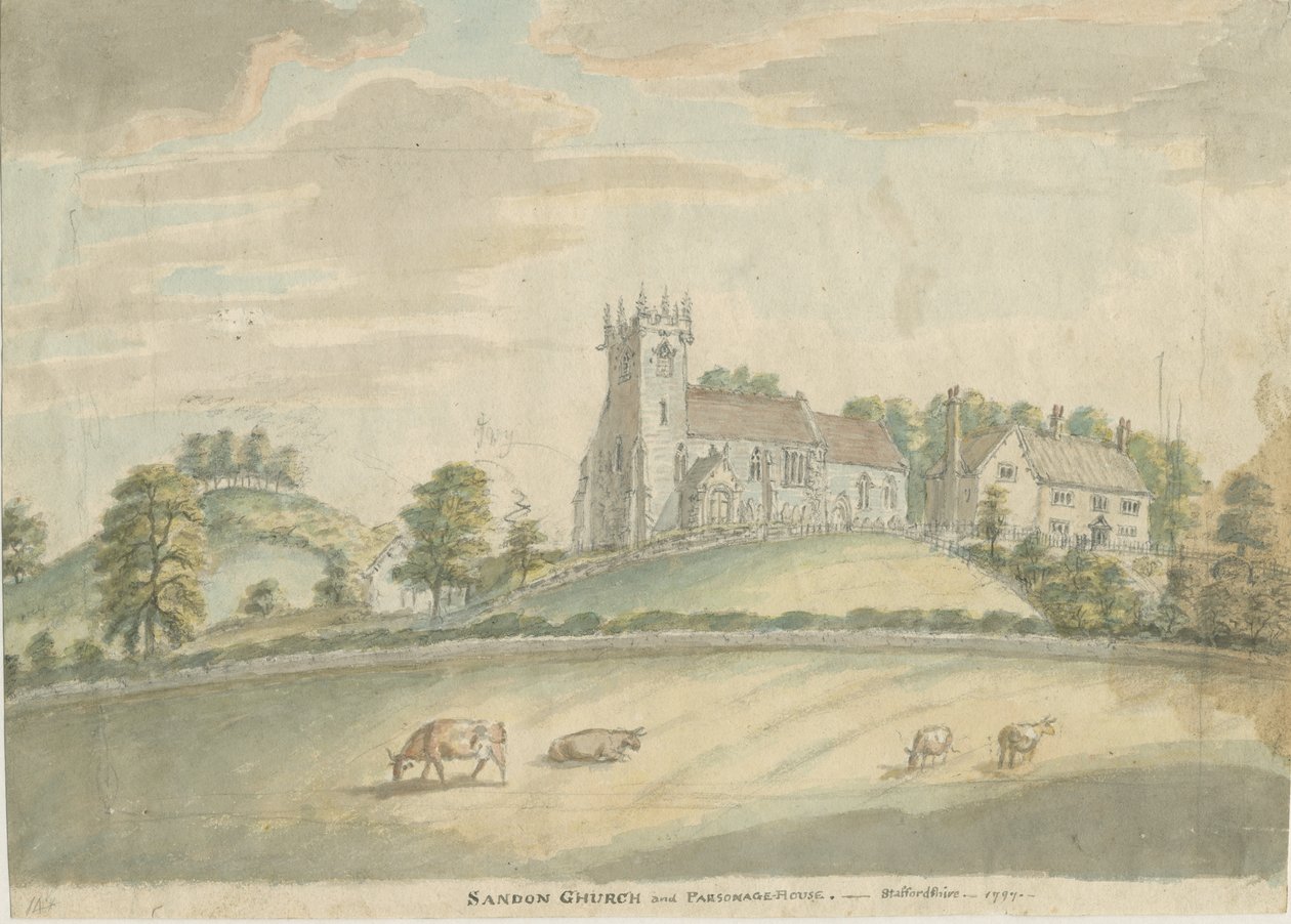 Sandons kyrka och prästgård: akvarellmålning, 1797 av Unbekannt