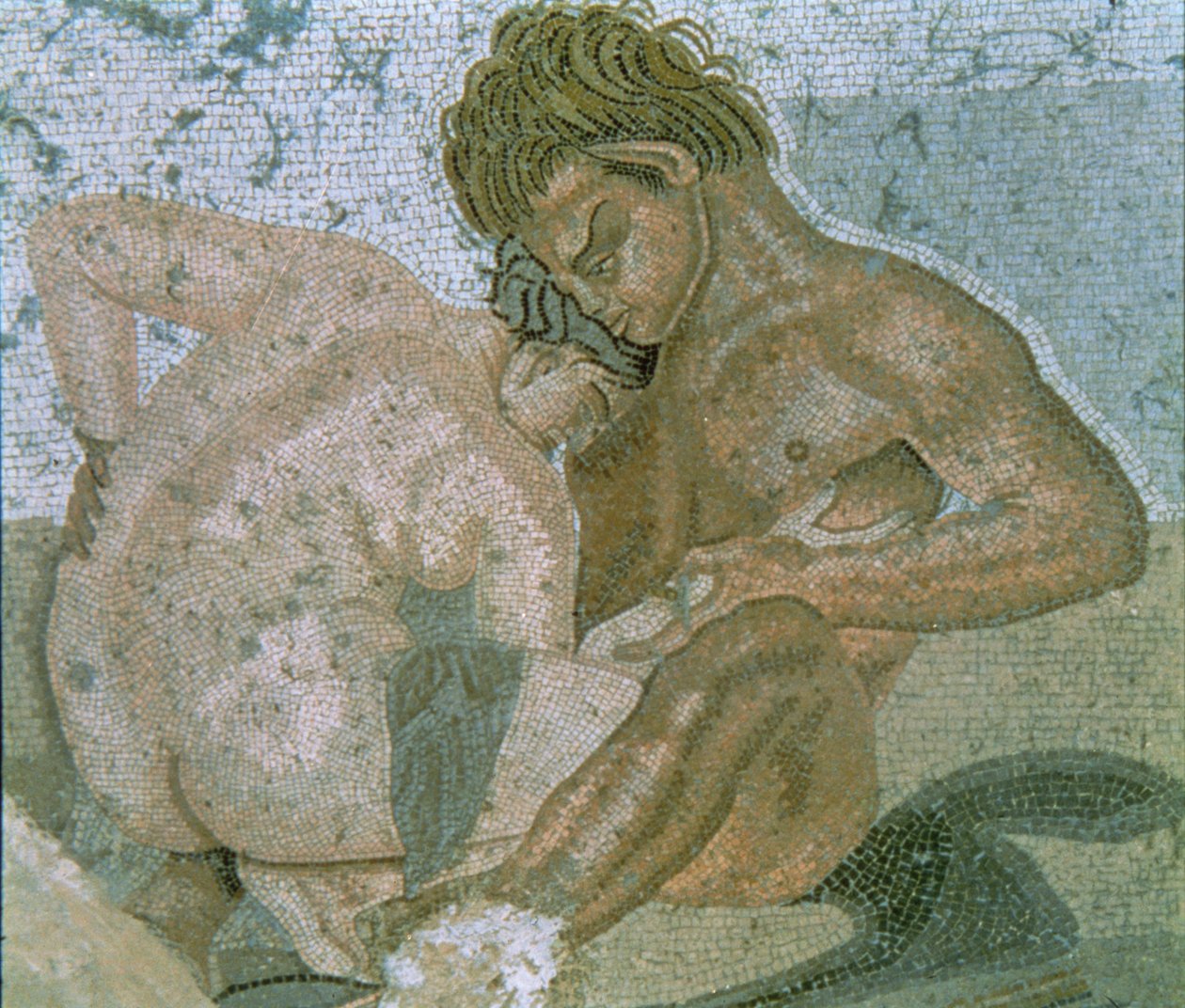 Satyr och Maenad, detalj av en mosaik från Faunens hus av Unbekannter Künstler