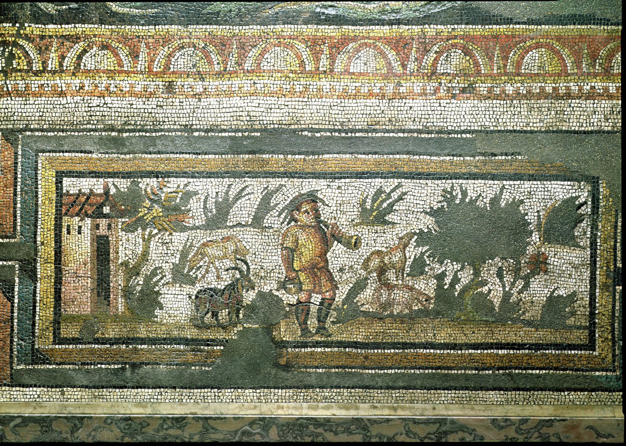 Scen av en getherde med sina getter, detalj av gränsen från en mosaikbeläggning som skildrar årstiderna och jaktscenerna, från Constantinian Villa i Daphne, Roman, c.325-330 AD (marmor, kalksten och glas) av Unbekannt