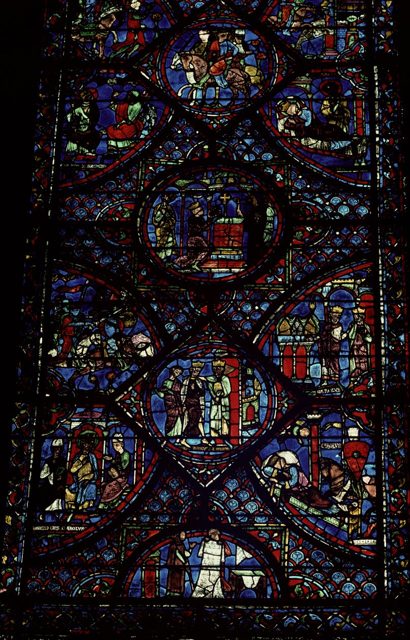 Scener ur Karl den Stores liv (747-814) från ambulatoriet, ca 1215-35 (målat glas) (se även 98072) av Unbekannt