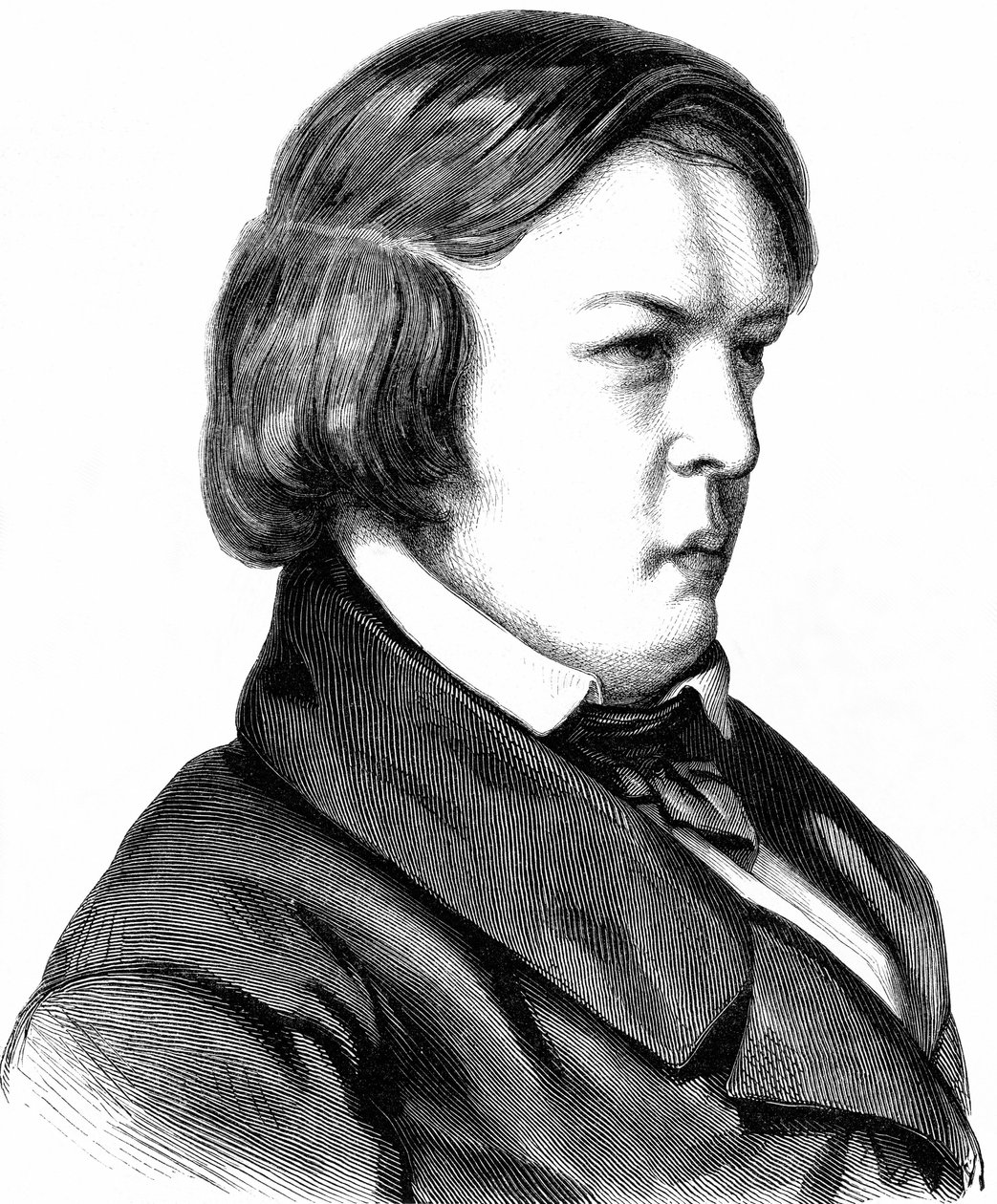 Schumann, Robert , tysk kompositör , född 08. 06. 1810 i Zwickau, död 29. 07. 1856 i Endenich nära Bonn, träsnitt omkring 1860 av Unbekannter Künstler
