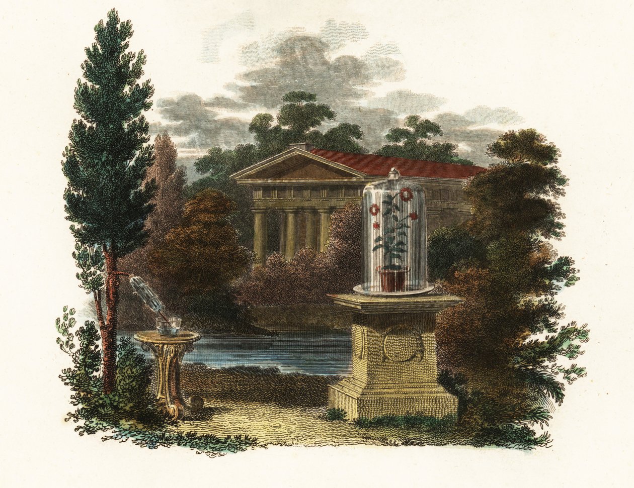 Vetenskapliga uppfinningar av Stephen Hales i en trädgård.1802 (gravyr) av Unbekannter Künstler