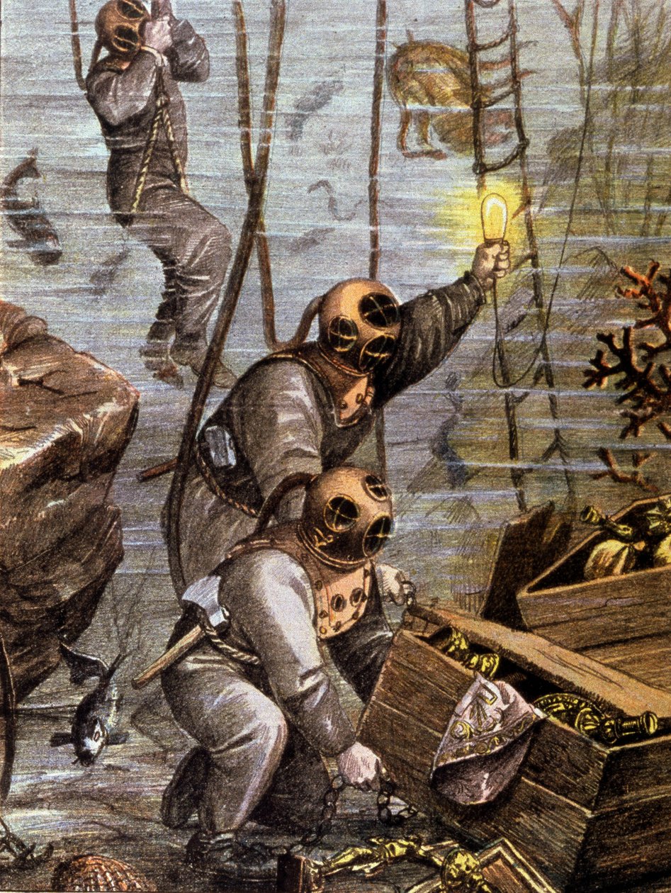 Dykare upptäcker undervattensskatt, tidigt 1900-tal (illustration) av Unbekannter Künstler