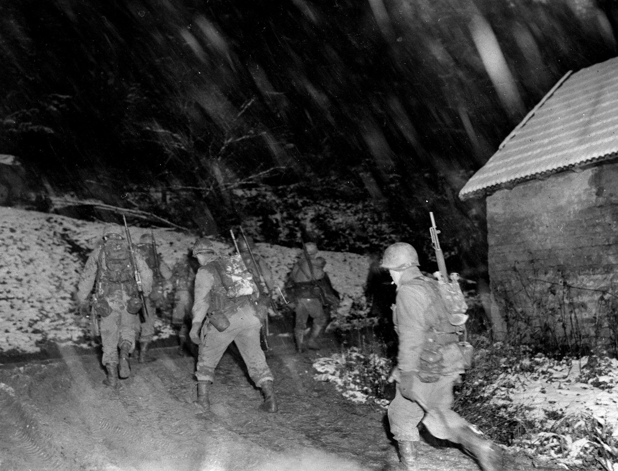 Andra världskriget (1939-1945) - Andra världskriget (WWII eller WW2): Regionen Langefosse (Vosges) November 1944: Infanterister från 142:a RI av 36:e DI i 7:e amerikanska armén återvänder från linjerna under en snöstorm av Unbekannt