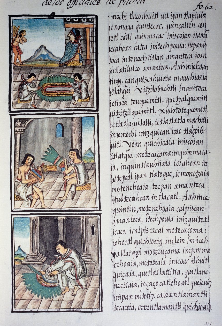 Uppsättning av utsmyckningar och kejsarnas fjäderhuvudbonad, sida från Florentine Codex, tvåspråkig version på spanska och Nahuatl, General History of Things of New Spain, av den spanska missionären Fray Bernardino de Sahagun. Aztekisk civilisation av William M. Timlin