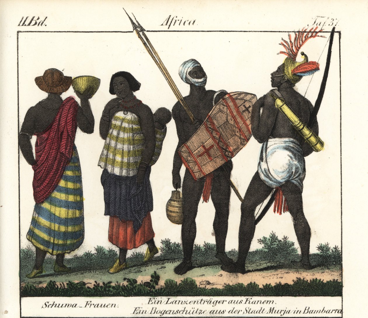Shoua-kvinnor med en baby, ett spjut och en bågskytt från Kanem-riket (Tchad och Libyen). Litografi för boken: "Galerie complete en tableaux fideles des peuples d
