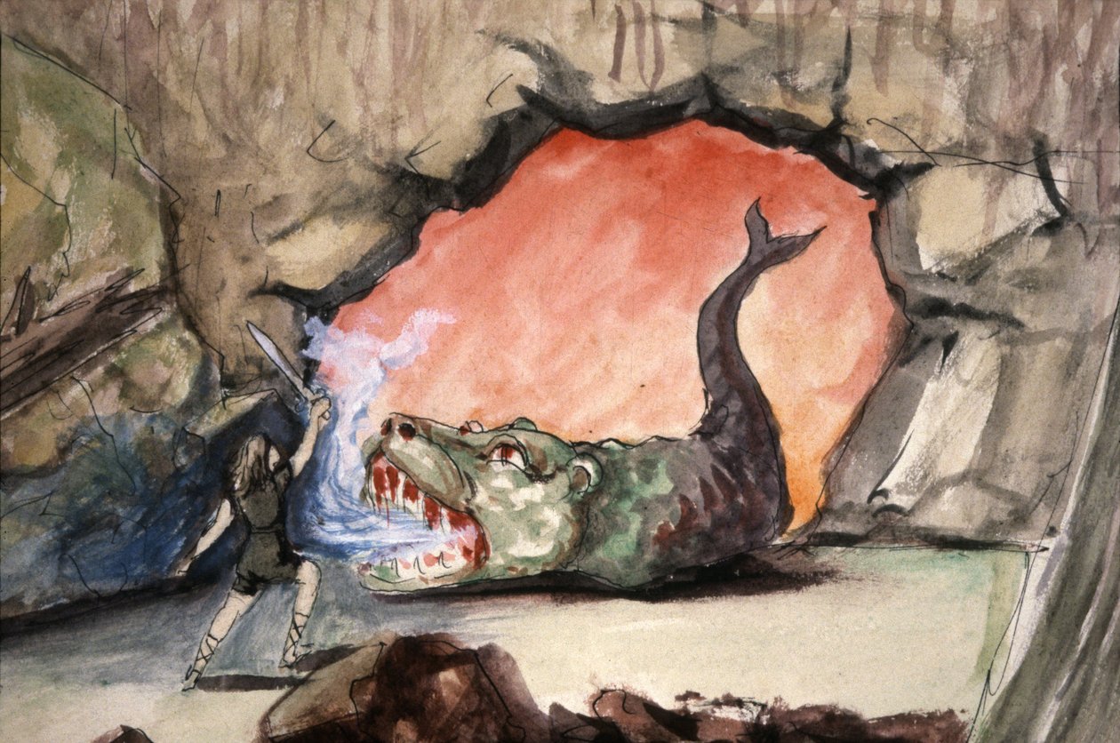 Siegfried dräper draken Fafner, sent 1800-tal (illustration) av Unbekannter Künstler