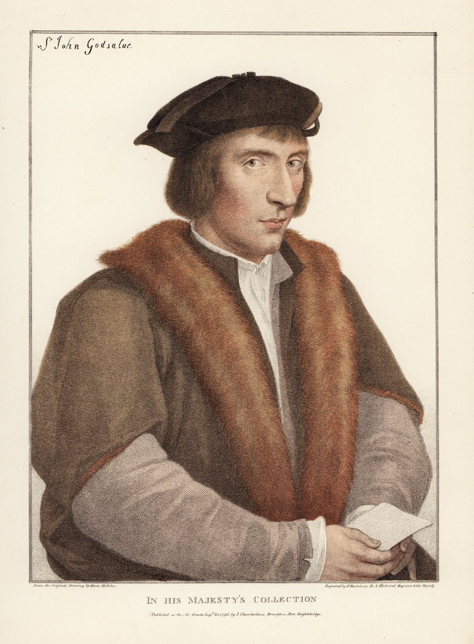 Sir John Godsalve, från Norwich, Norfolk, engelsk politiker (död 1556). Handkolorerat kopparstick av Francis Bartolozzi efter Hans Holbein från faksimiler av originalteckningar av Hans Holbein, Hamilton, Adams, London av Unbekannter Künstler