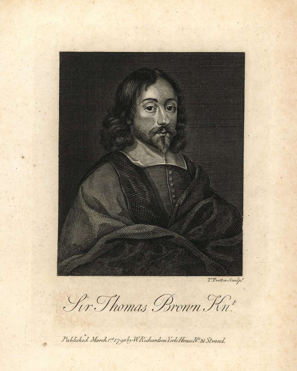 Sir Thomas Brown, engelsk universalgeni och författare inom vetenskap, medicin, religion och esoterik, död 1682. Kopparstick från William Richard