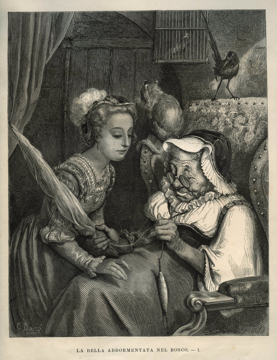 Törnrosa: prinsessan upptäcker en gammal kvinna som spinner ull. Gravyr av Gustave Dore (1832-1883) från "" Les contes"" av Charles Perrault (1628-1703) av Unbekannt
