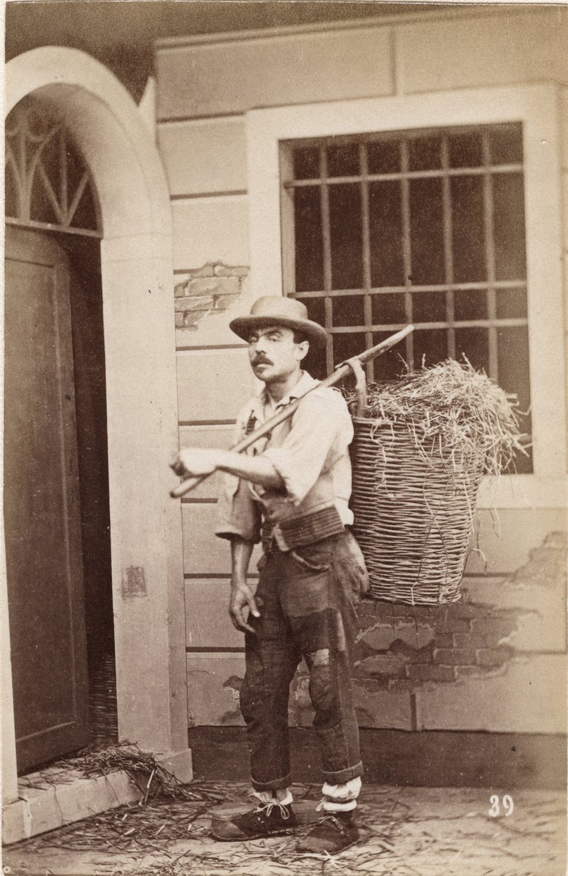 Små metier: porträtt av en säljare av halm, korgen laddas på baksidan. 1800-tal Tryck på kartong Dim. 6x9,3 cm av Unbekannt