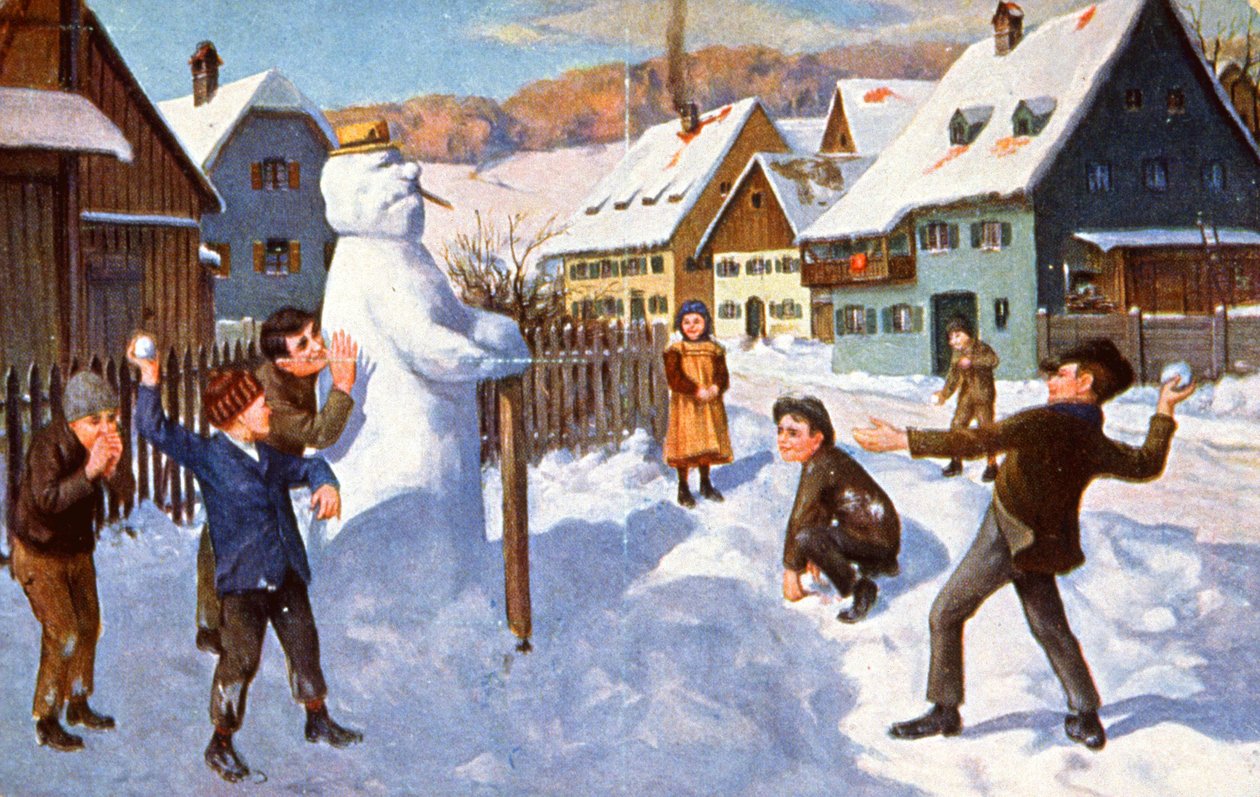 Snögubbe och lekande barn, ca 1910 (vykort) av Unbekannter Künstler