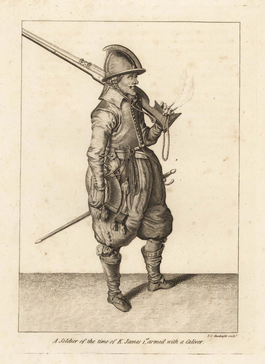 Soldat från kung James I:s tid beväpnad med en kalivare eller arquebus av Unbekannt