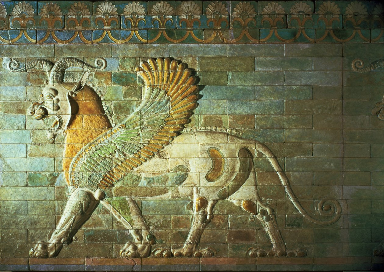 Sfinx, detalj från en fris, mesopotamisk, ca 500 f.Kr. (polykrom glaserad tegelsten) av Unbekannt