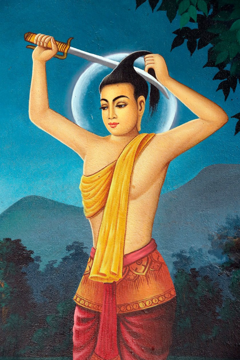 Srahchork buddhistiska kloster. Målning som skildrar Shakyamuni Buddhas livshistoria. Prins Siddhartha klippte av sig håret för att avsäga sig det världsliga livet vid floden Anomas strand. Phnom Penh. Kambodja. (Foto) av Unbekannt