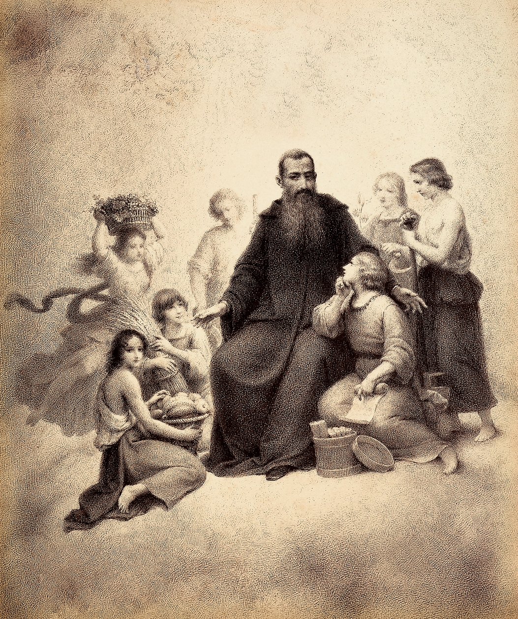 Den tronande S:t Benedictus omges av ungdomar med vetebuntar och fruktkorgar. Illustration av Canto XXXII i Paradiso i Den gudomliga komedin av Dante Alighieri. Francesco Scaramuzzas verk tillägnat Florens kommun. av Unbekannter Künstler