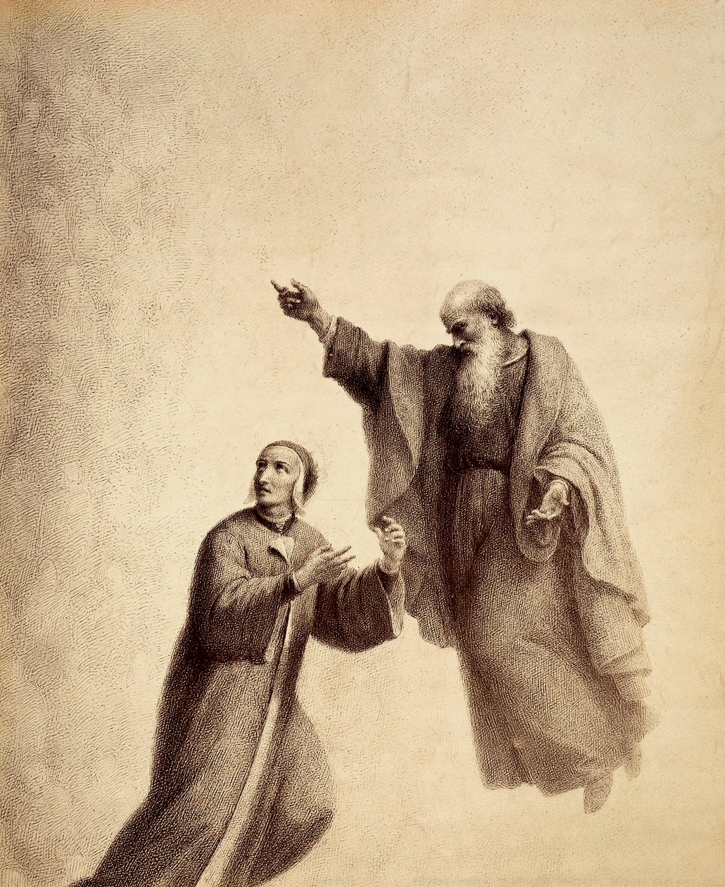 Sankt Bernhard visar Dante den välsignade rosen där Beatrice sitter. Illustration av Canto XXXI i Paradiso i Den gudomliga komedin av Dante Alighieri. Francesco Scaramuzzas verk tillägnat Florens kommun. av Unbekannter Künstler