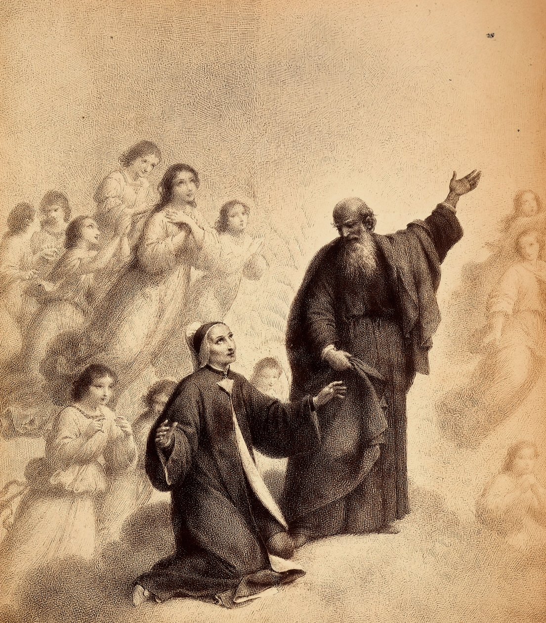 Sankt Bernhard, leende, uppmanar Dante att se upp mot höjden; poeten knäböjer med öppna armar bredvid helgonet; välsignade andar omger dem. Illustration av Canto XXXIII i Paradiso i Den gudomliga komedin av Dante Alighieri. Verk av Francesco Scaramuzza ded av Unbekannter Künstler