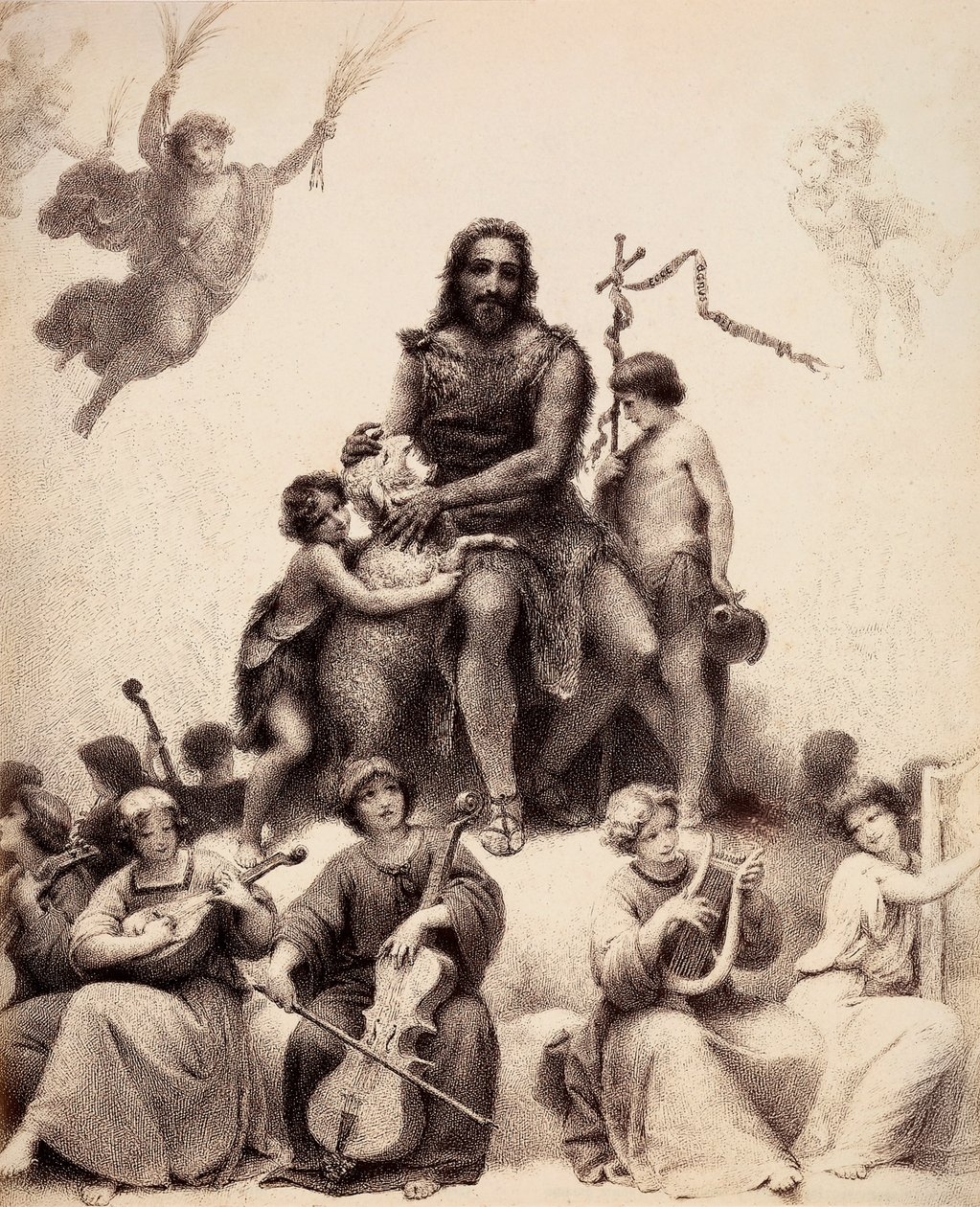 Johannes Döparen sitter, omgiven av musicerande änglar, och smeker ett lamm på dess huvud. Illustration av Canto XXXII i Paradiso i Den gudomliga komedin av Dante Alighieri. Francesco Scaramuzzas verk tillägnat Florens kommun. av Unbekannter Künstler