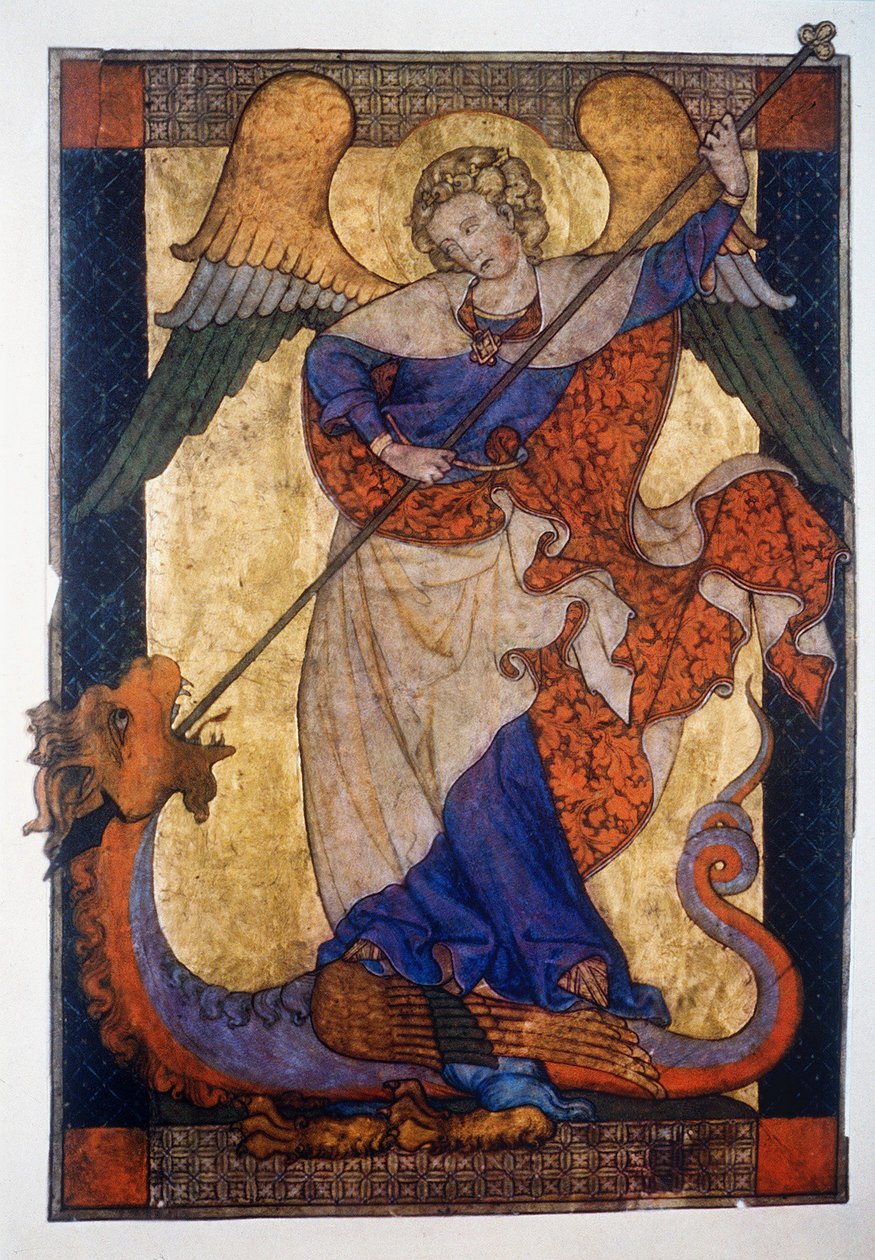 Sankt Mikael besegrar draken - Pergament, ca 1330, Staatliche Museen Kupferstichkabinett, Berlin av Unbekannter Künstler