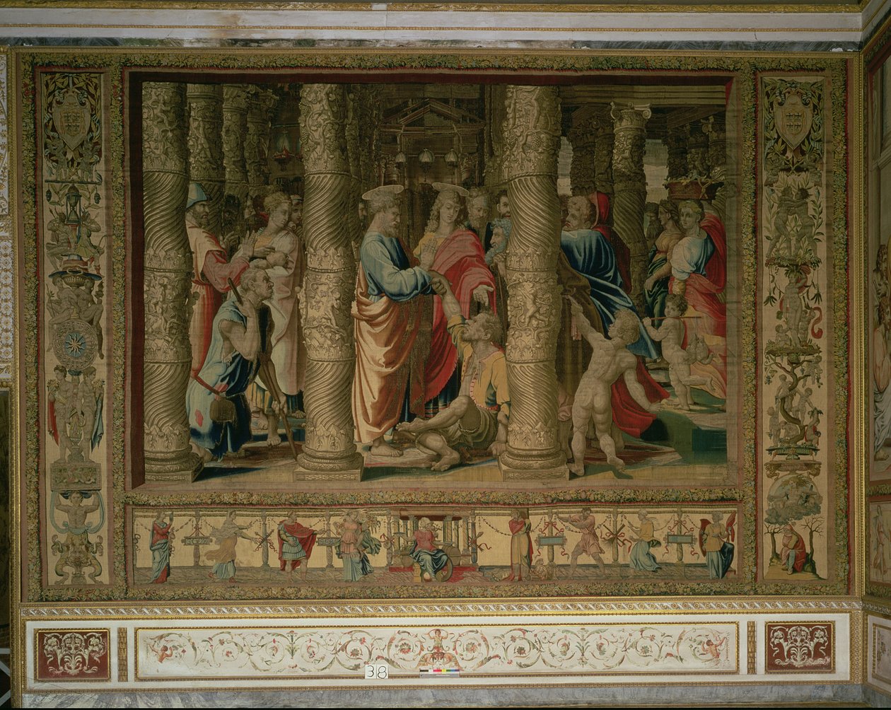 St. Peter och St. John botar en krympling vid templets port, från Brysseltapeterna, kopior av Rafaels Vatikanteckningar av Apostlarnas handlingar (gobeläng) av Unbekannt