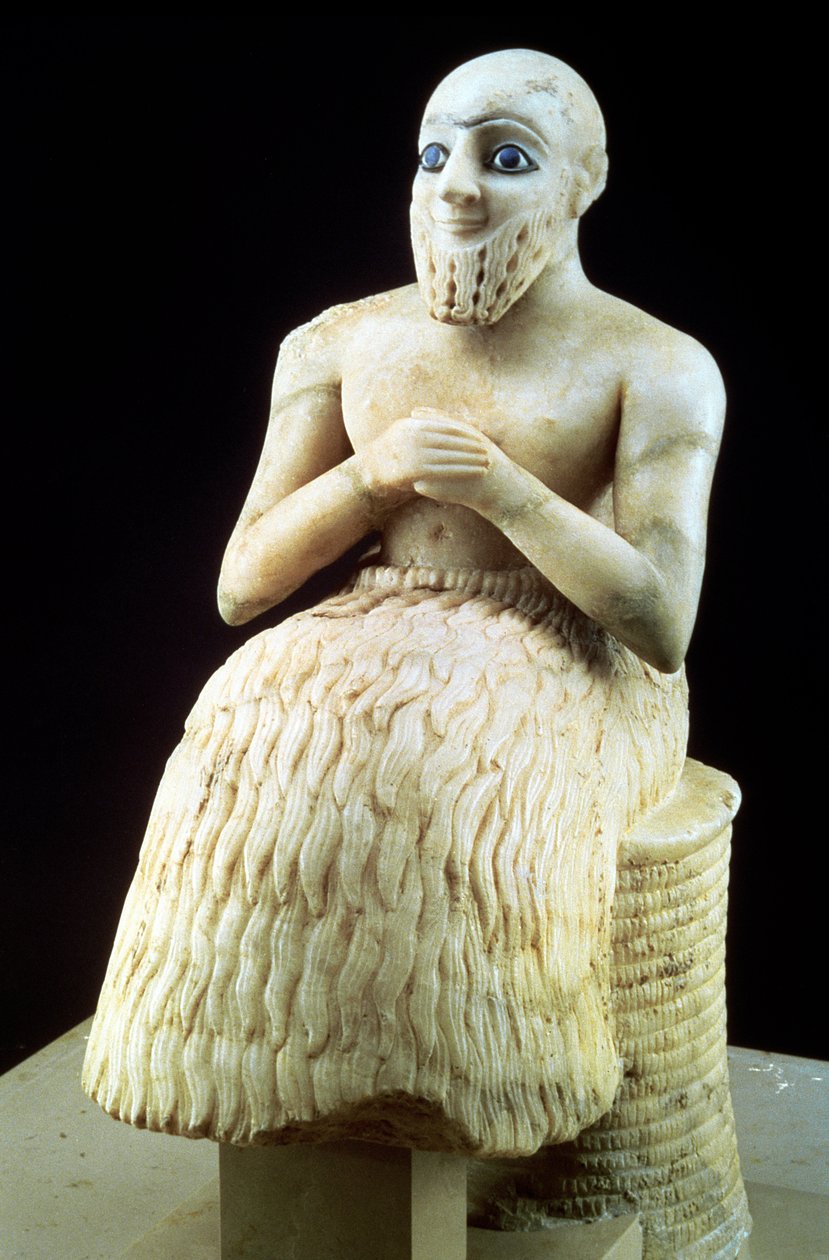 Staty av den officiella Ebih-Il, från Ishtars tempel i Mari, hettiterna, Irak, Mellersta Eufrat, Sumeriska, tidig dynastiska perioden, c.2500 f.Kr. (gips & lapis lazuli) (se även 71507) av Unbekannt
