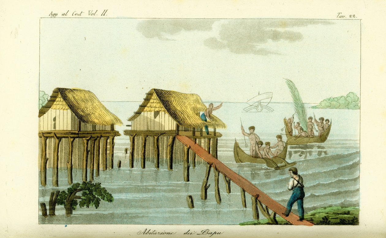 Stylta hus i havet på Rawak Island, Papua Nya Guinea av Unbekannt