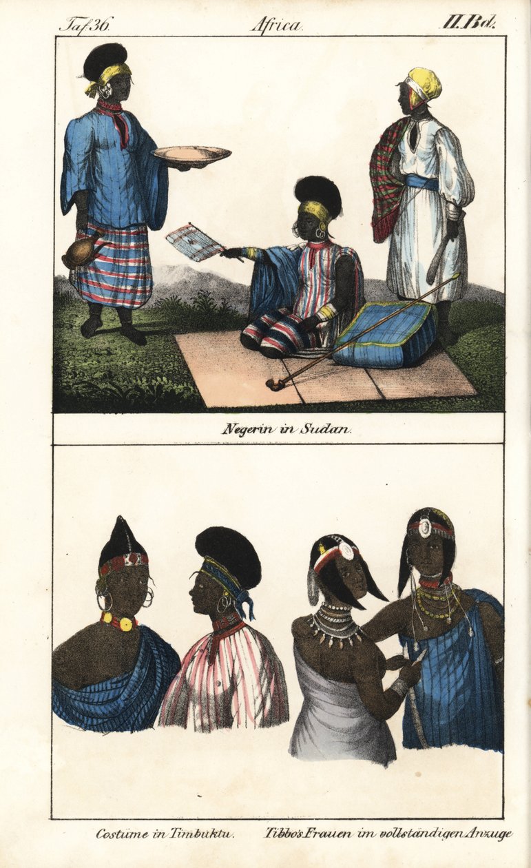 Sudanesiska kvinnor i randig klänning. Nedan demmes från Timbuktu (Mali) och Tibbo-kvinnor från Sahara. Litografi för boken: "Galerie complete en tableaux fideles des peuples d