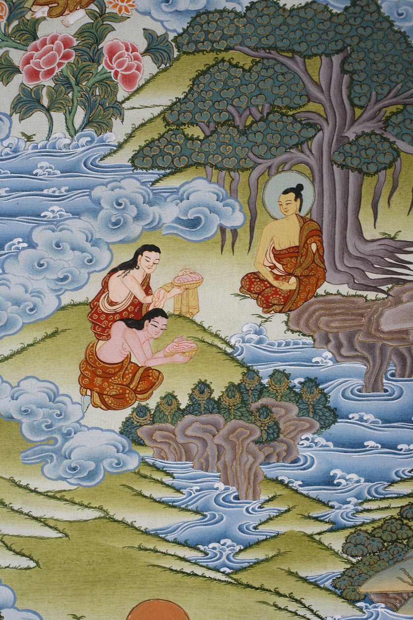 Sujata ger mjölkris till Buddha. Thangka, Bhaktapur, Nepal av Unbekannt