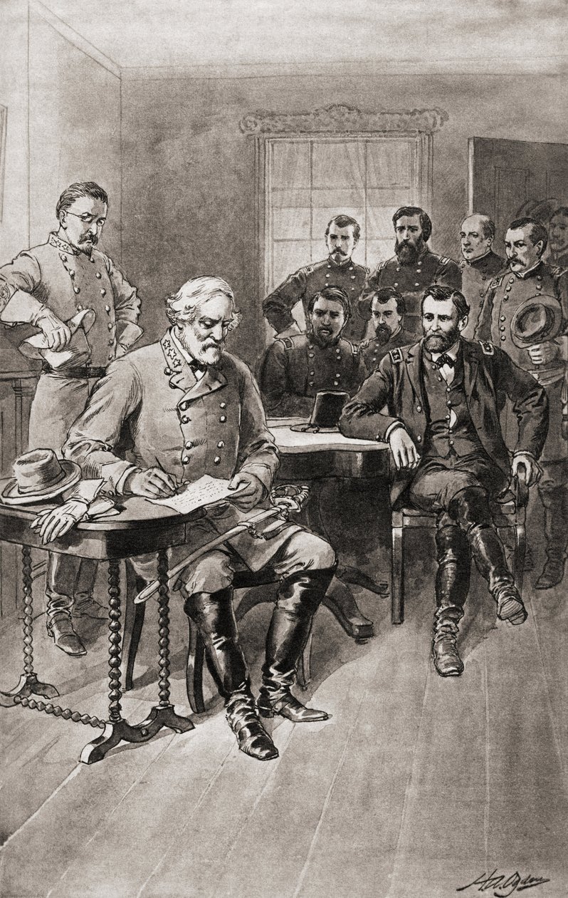 Robert E. Lee överlämnar sig till general Ulysses S. Grant, Appomattox Court House, Virginia, den 9 april av Unbekannter Künstler