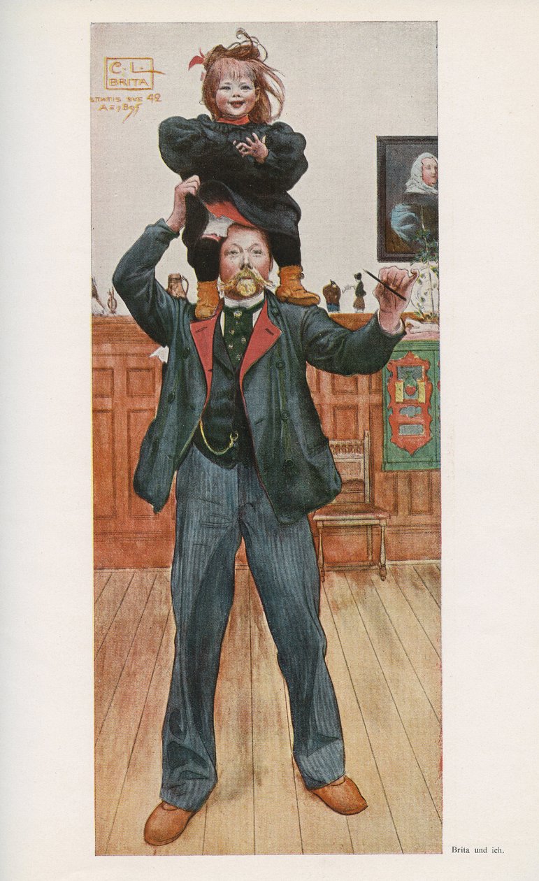 Svenske illustratören Carl Larsson (1853-1919) med sin dotter Brita. Akvarell från "" Das haus in der sonne"" 1921 av Unbekannt