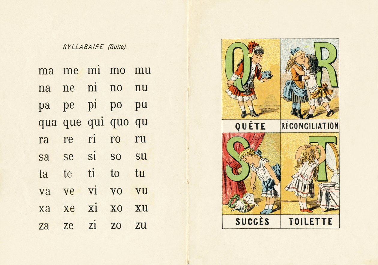 Syllabary and Q R S T - Gravyr från ABCD av små flickor. Pellerin & Cie, tryckare-förlag, Epinal, omkring 1890. Serie A. Mått: 19 x 13,5 cm. av Unbekannt