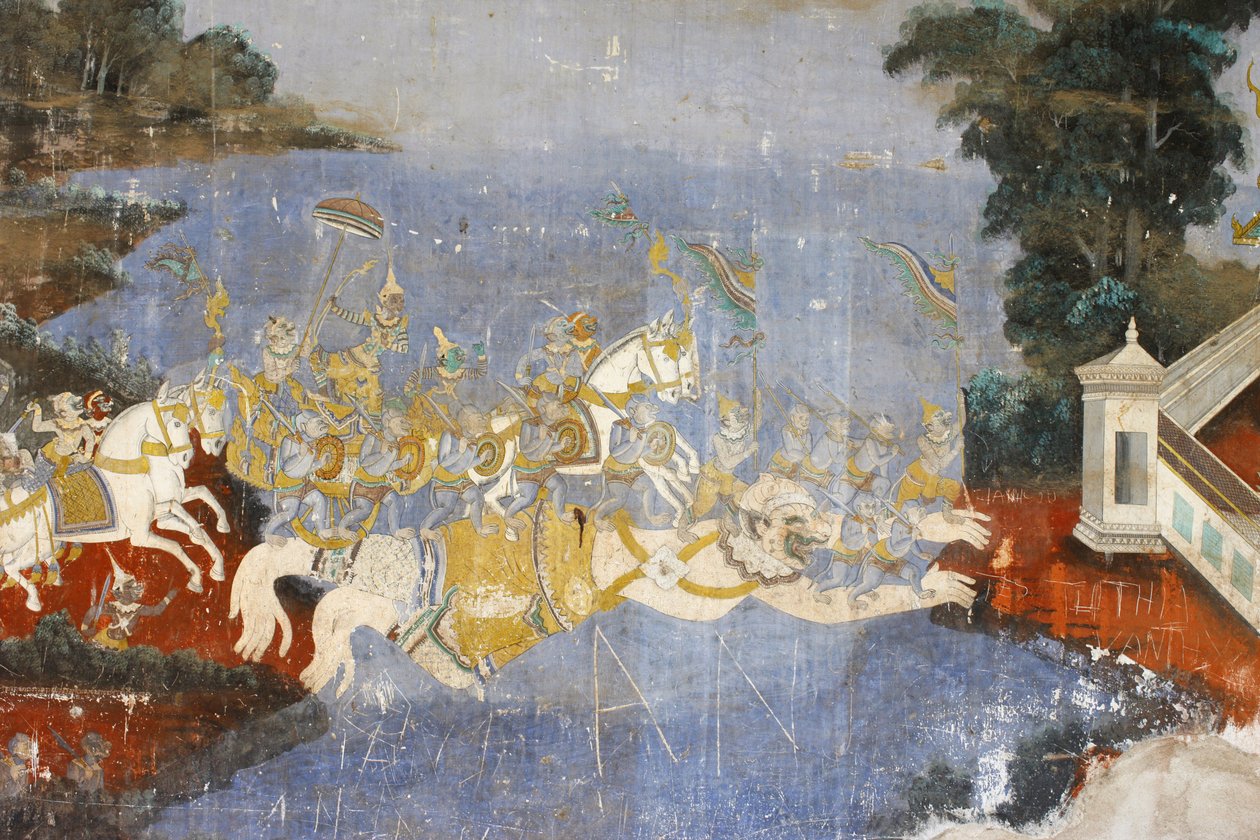 Sylver Pagoda Denna väggmålning visar scener från Reamker som är den kambodjanska eller khmeriska versionen av den klassiska hinduiska dikten Ramayana, Phnom Penh, Kambodja av Unbekannt